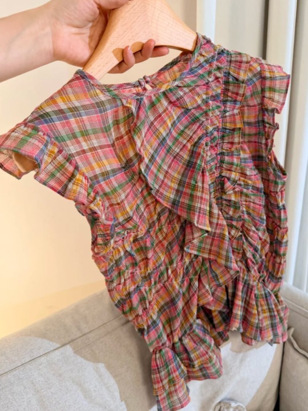 Plaid Ruffle Smocked Crop Top, Colorful, Size S
